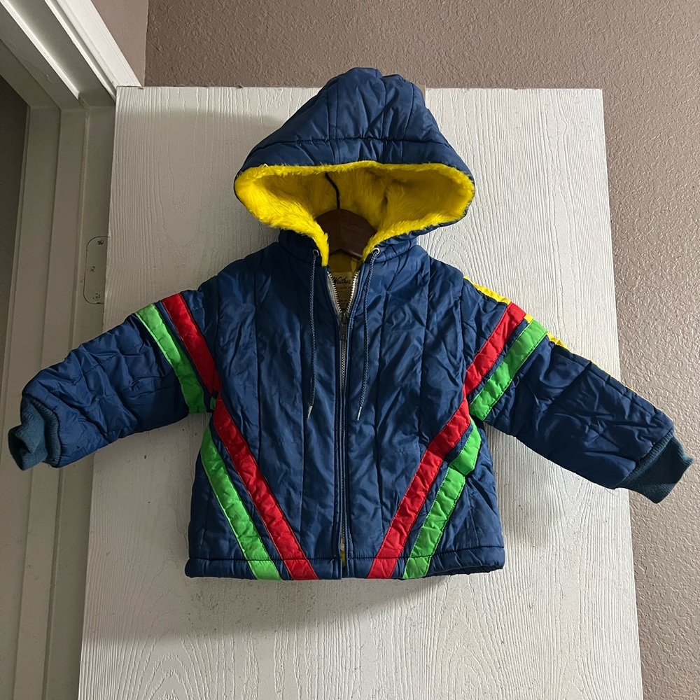 Vintage WEATHER TAMER Toddler Coat Color Block Puffy Jacket Hooded Infant 18-24m